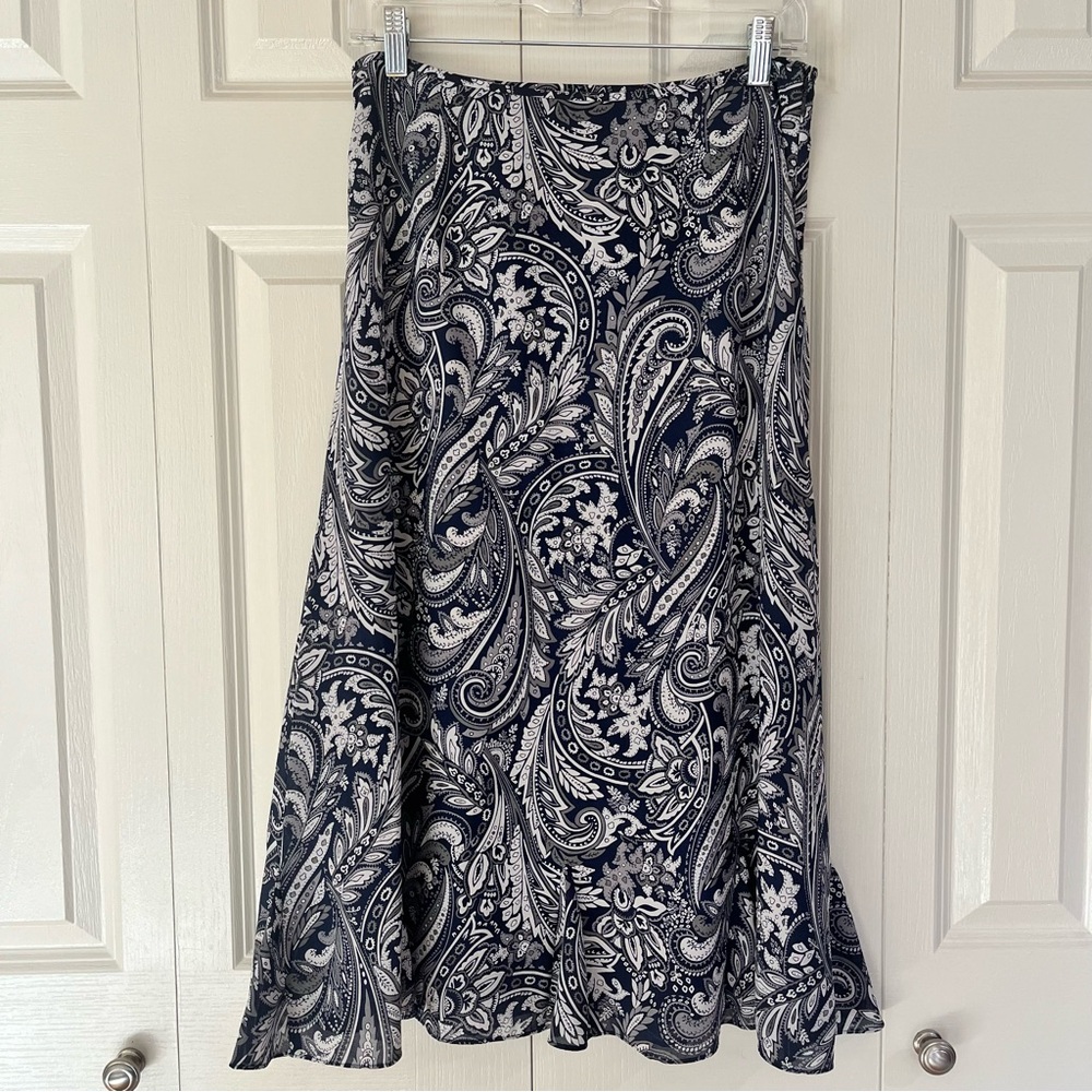 VTG Pendleton Trumpet Skirt - Navy White And Gray Paisley Silk Size 8P